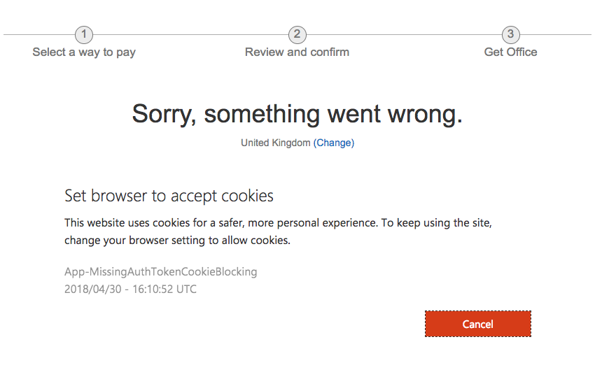 Cookie error in Microsoft office checkout