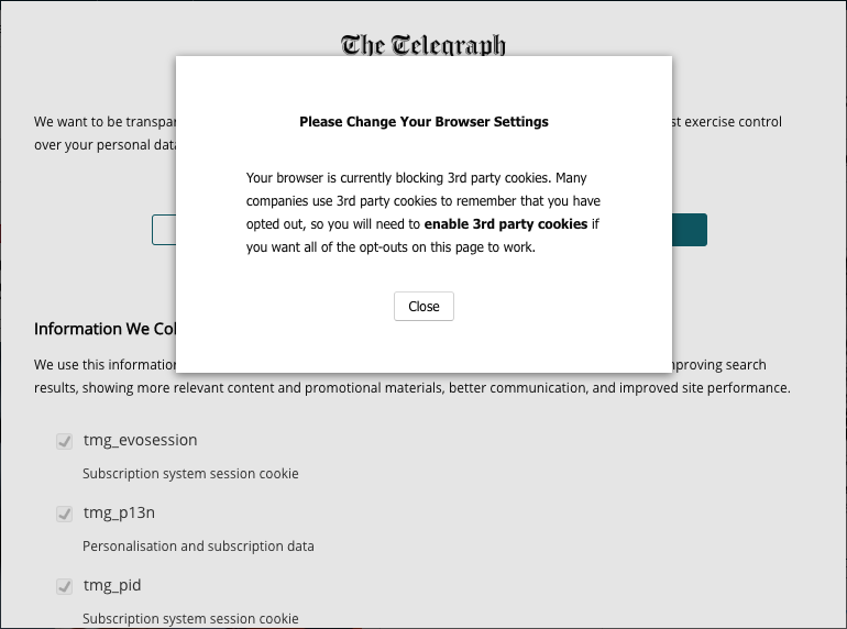 Cookie opt out on telegraph.co.uk