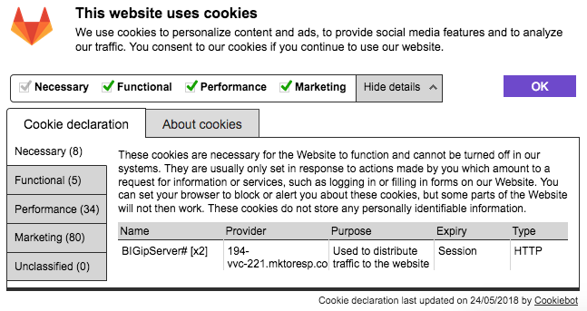 Cookiebot dialog detailed view