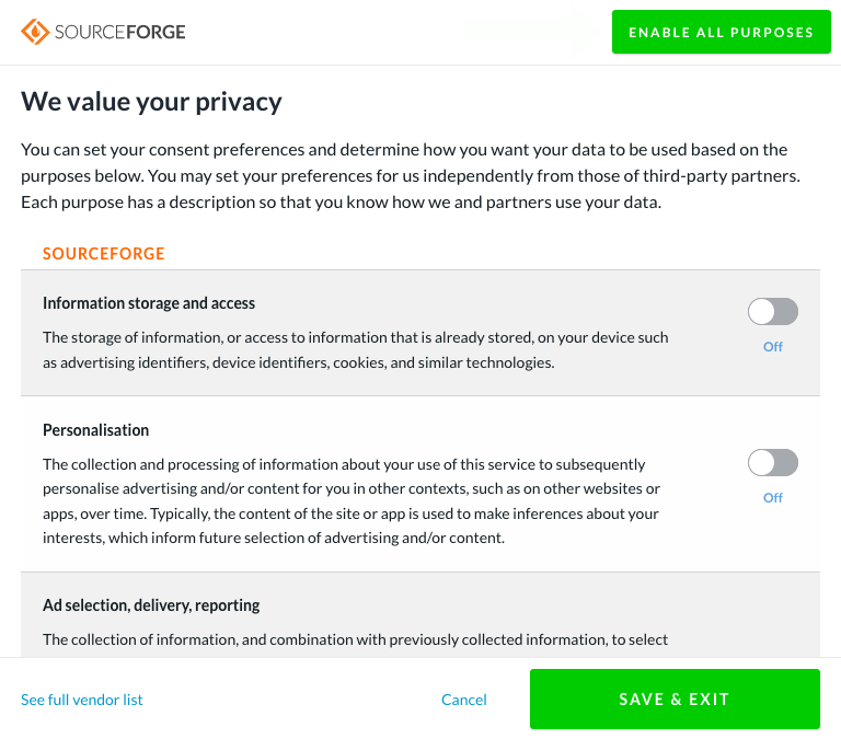 Sourceforge Consent settings